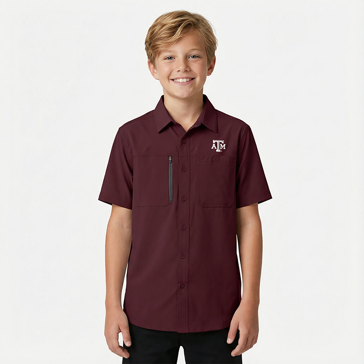 Antigua Men's Texas A&M University Kickoff Woven Short Sleeve Fishing Shirt - view number 3
