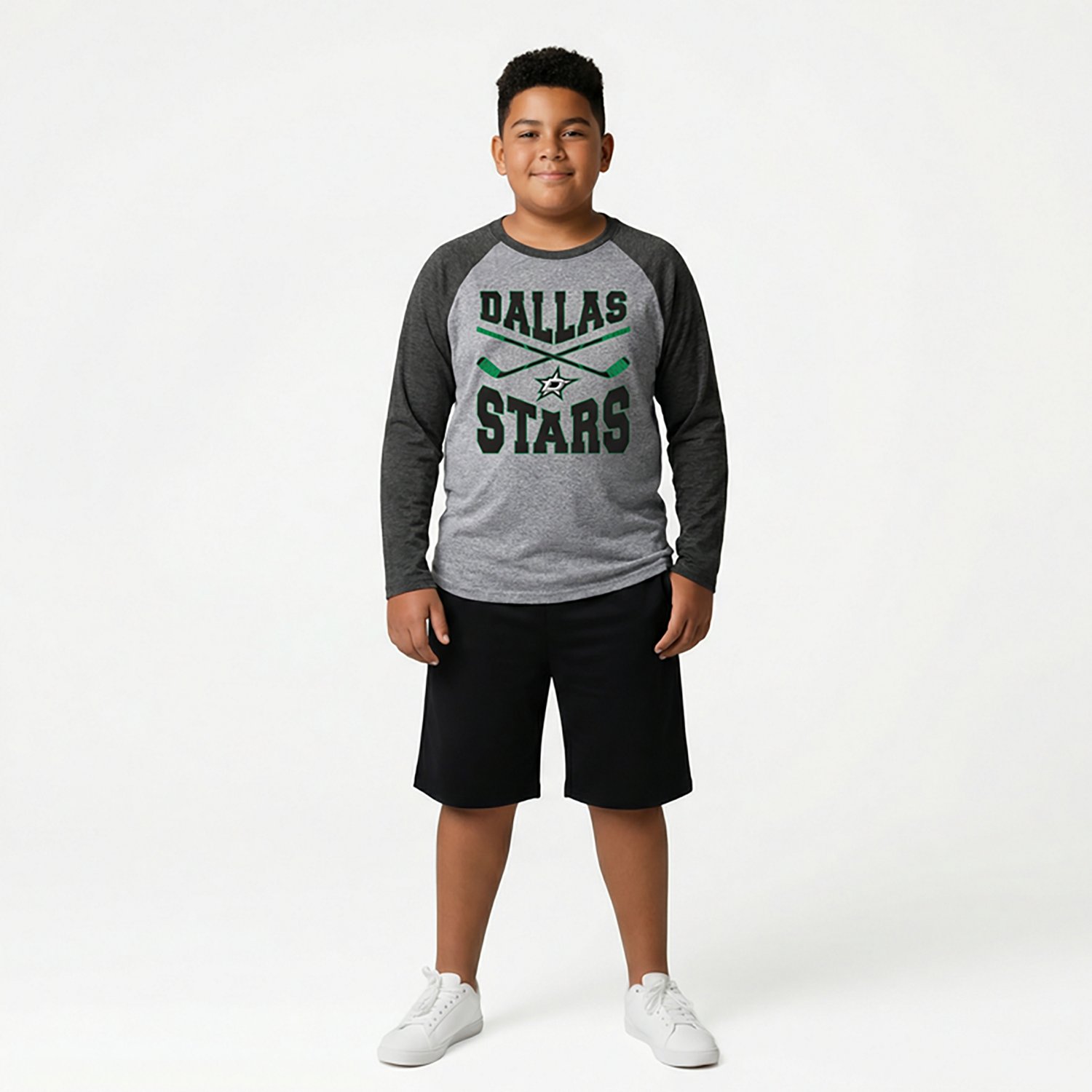 Outerstuff Boys' Dallas Stars Cross Stick Tri-Blend Raglan Long Sleeve Graphic T-shirt