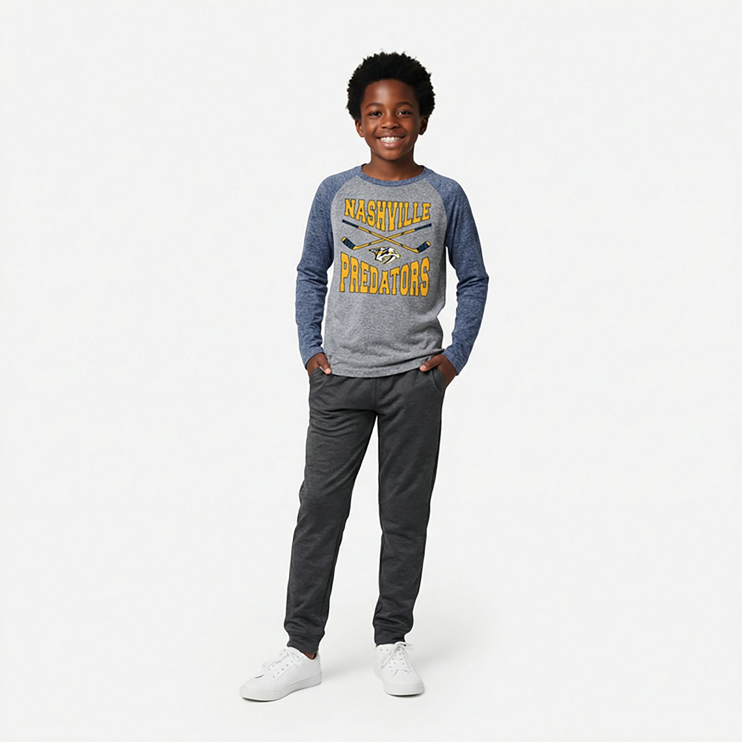 Outerstuff Boys' Nashville Predators Cross Stick Tri-Blend Raglan Long Sleeve Graphic T-shirt