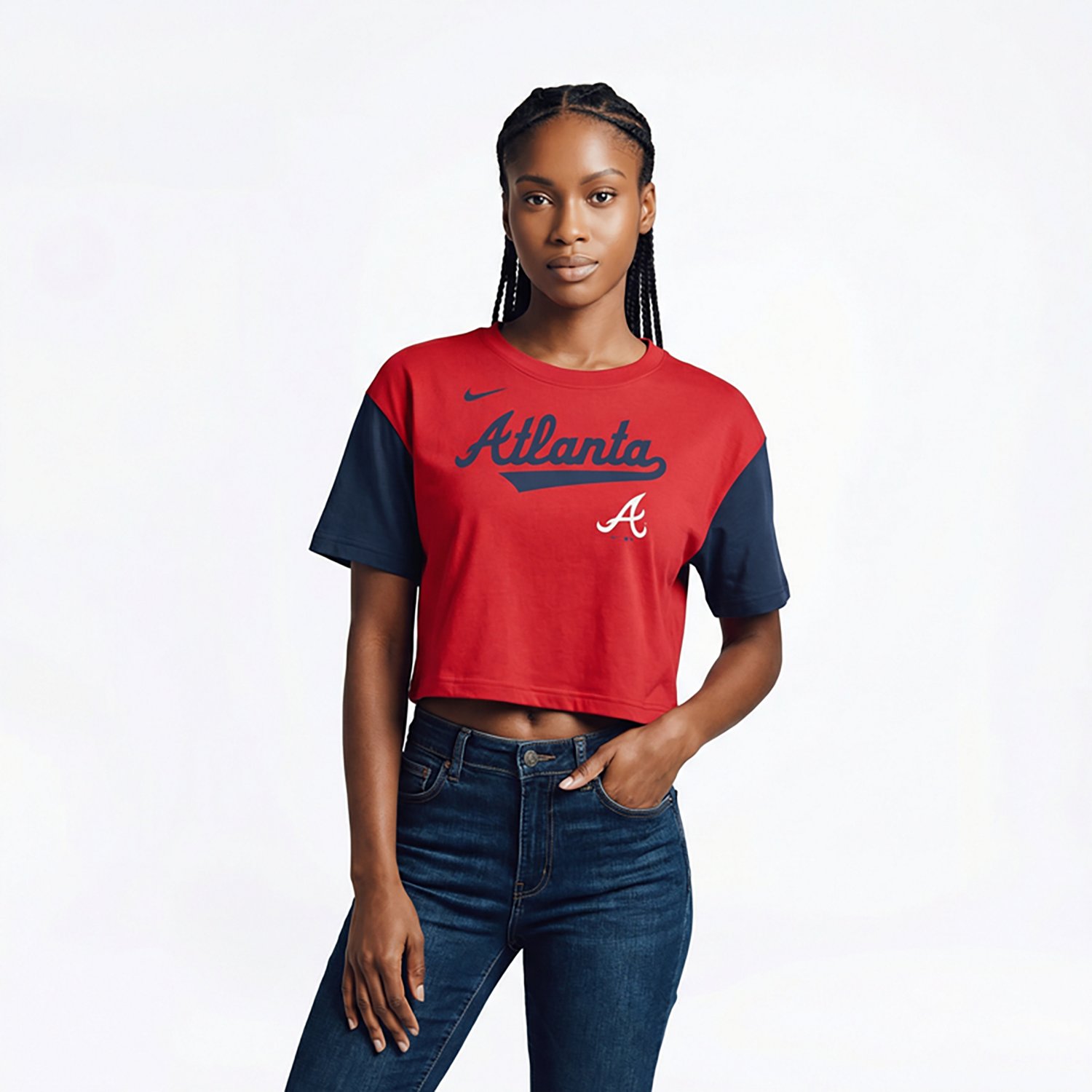 Nike Navy Atlanta Braves Script Cropped Performance T-Shirt