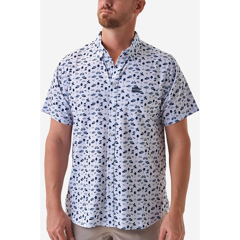 BURLEBO Performance Button-Up Short-Sleeve Shirt - On The Water/Cream/Navy