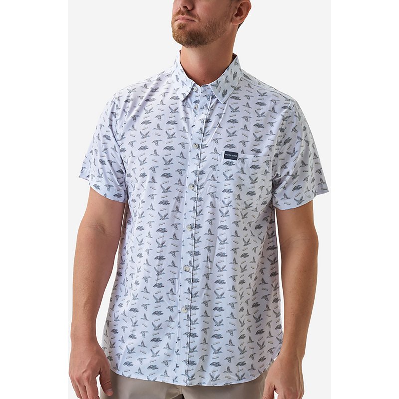 BURLEBO Performance Button-Up Short-Sleeve Shirt - Ducks and Calls/White