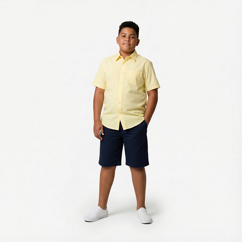 French Toast Little & Big Kid Boys Wrinkle Resistant Button Down Collar Short Sleeve Dress Shirt, 12 Husky, Yellow