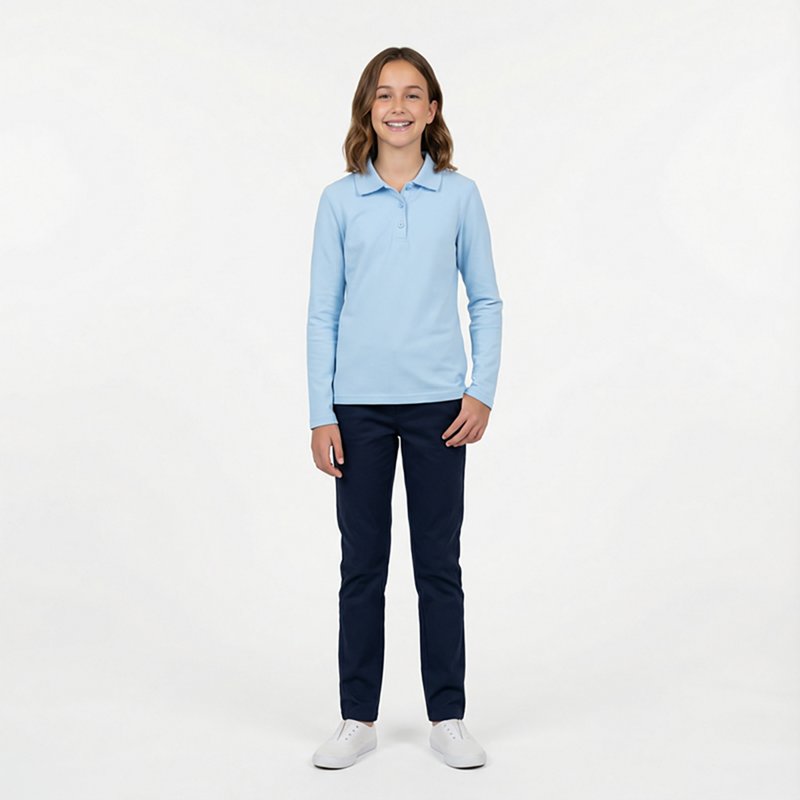 French Toast Little & Big Kid Girls Long Sleeve Regular Fit Polo Shirt, Small, Blue