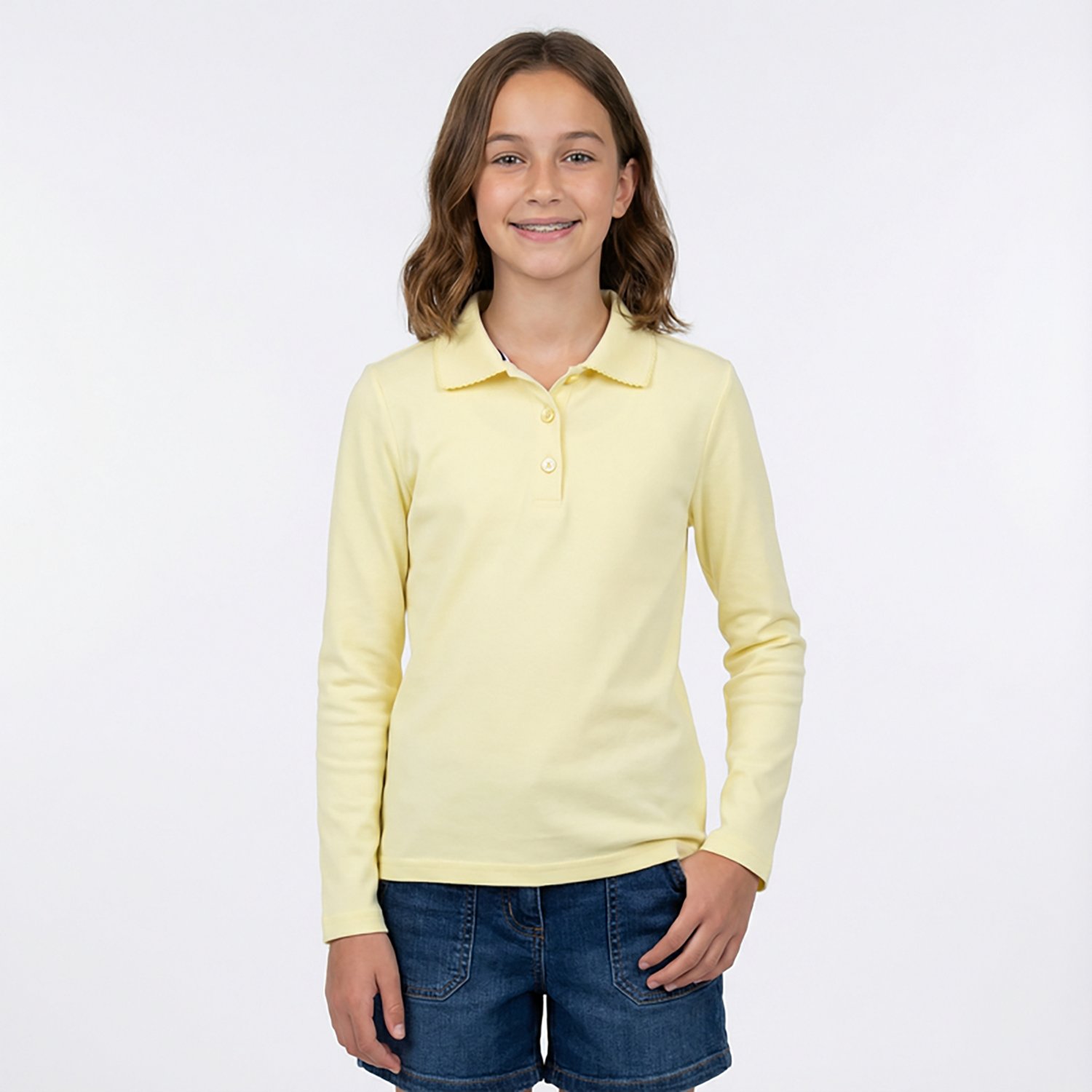 French Toast Girls' Long Sleeve Interlock Knit Polo with Picot Collar