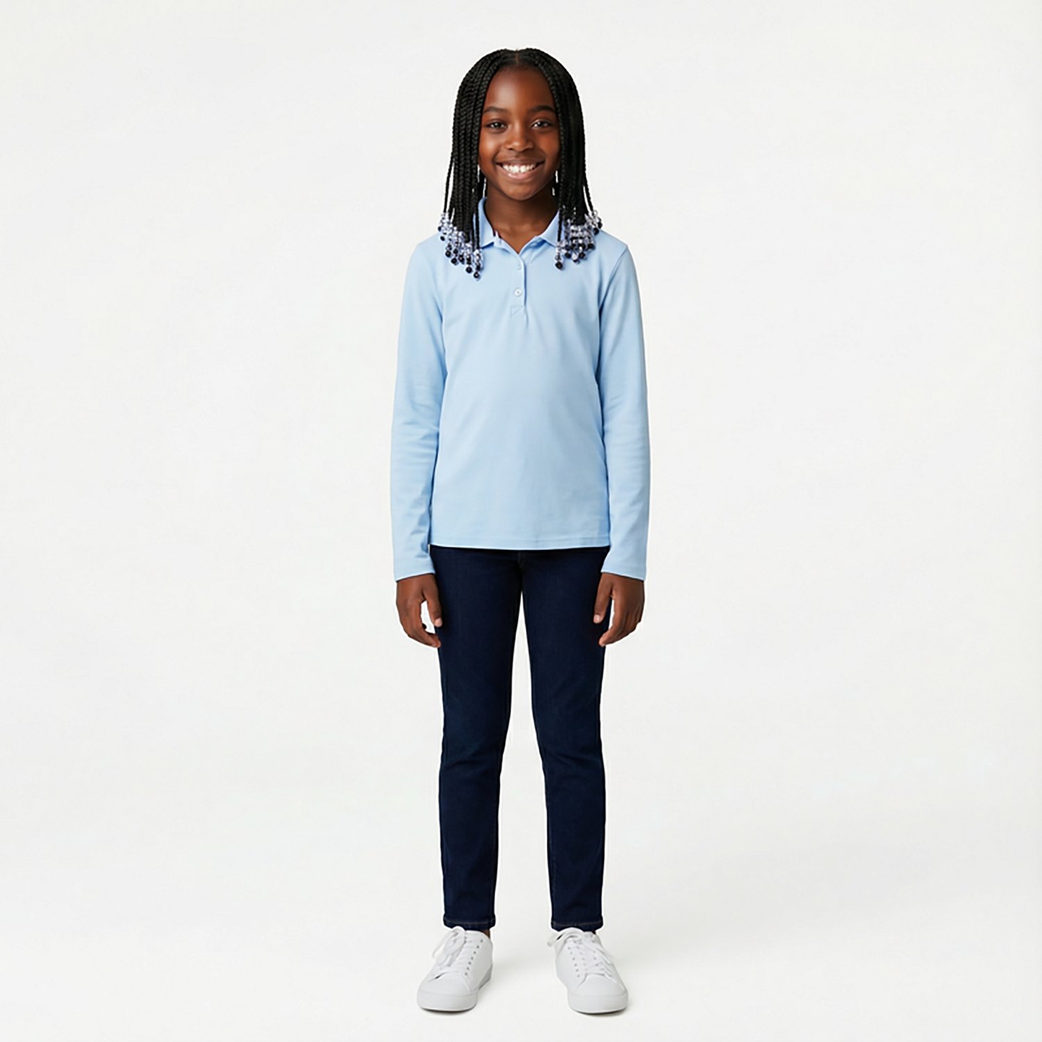 French Toast Girls' Extended Sizing Long Sleeve Stretch Pique Polo Shirt