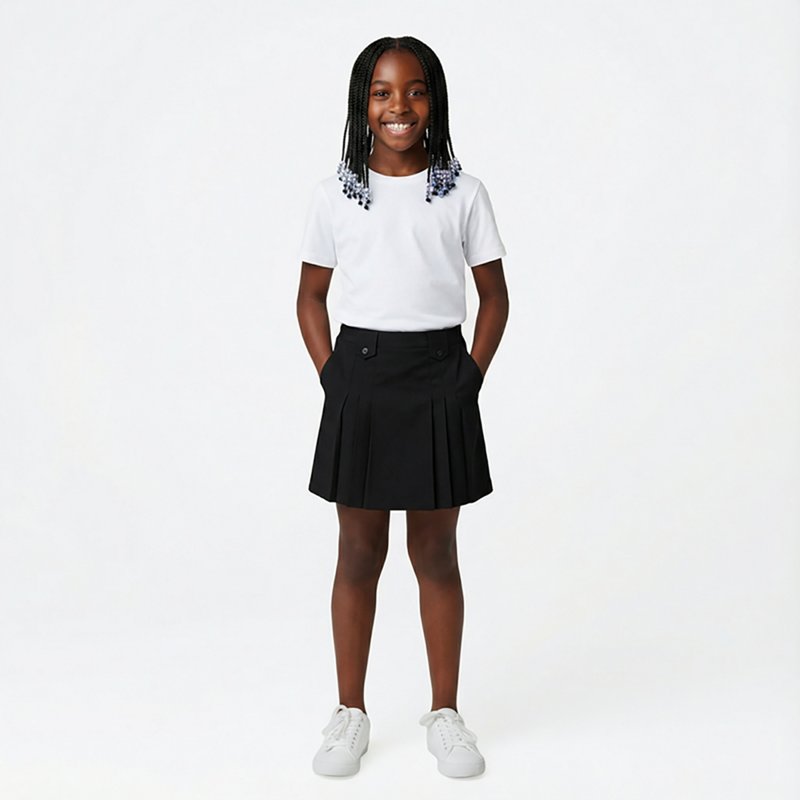 French Toast Front-Pleated Tab Skirt Little & Big Kid Girls Pleated Skirt, 8, Black