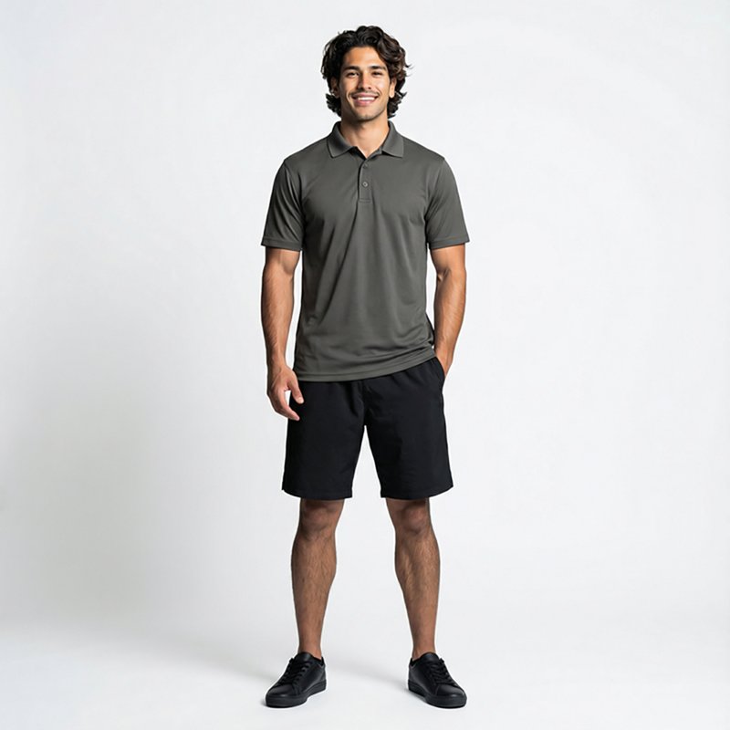 Men's Short Sleeve Polo, Polyester, Button Fronts, 0 Pocket(s), Gray, S