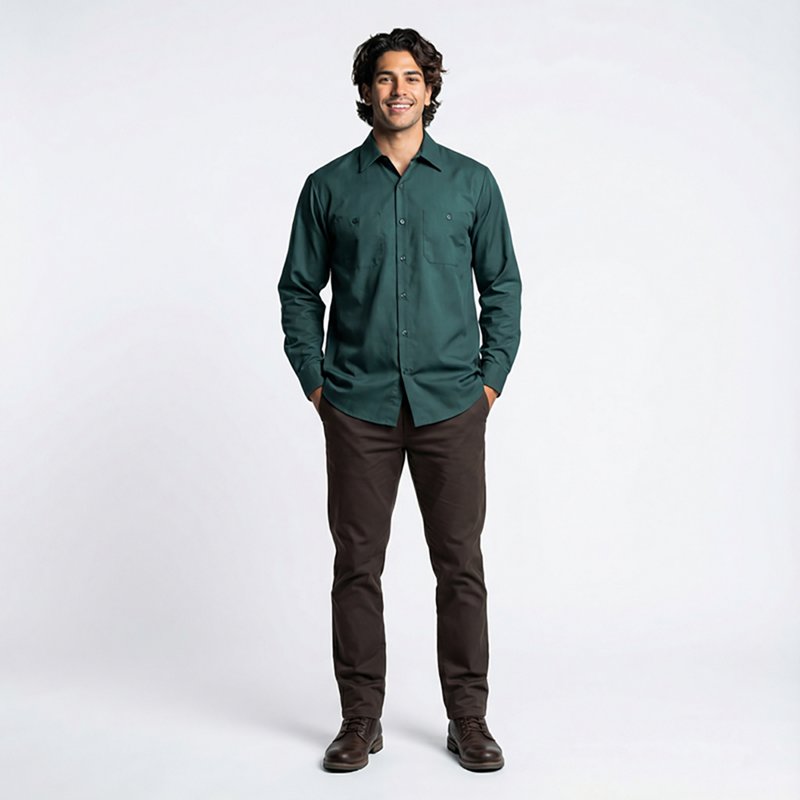 Men's Long Sleeve Poplin Work Shirt, Cotton/Polyester, Button Fronts, 2 Pocket(s), Spring Green, M