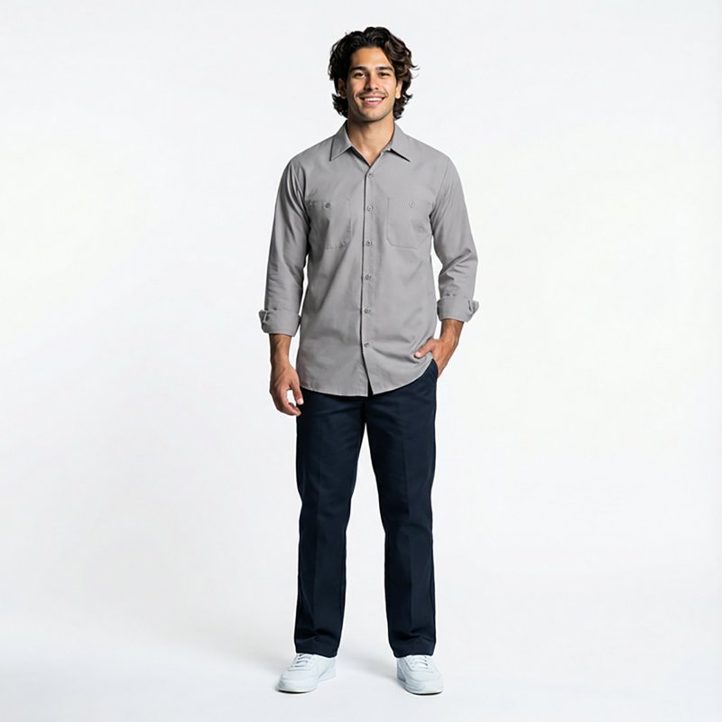 Men's Long Sleeve Poplin Work Shirt, Cotton/Polyester, Button Fronts, 2 Pocket(s), Silver Gray, 3XL