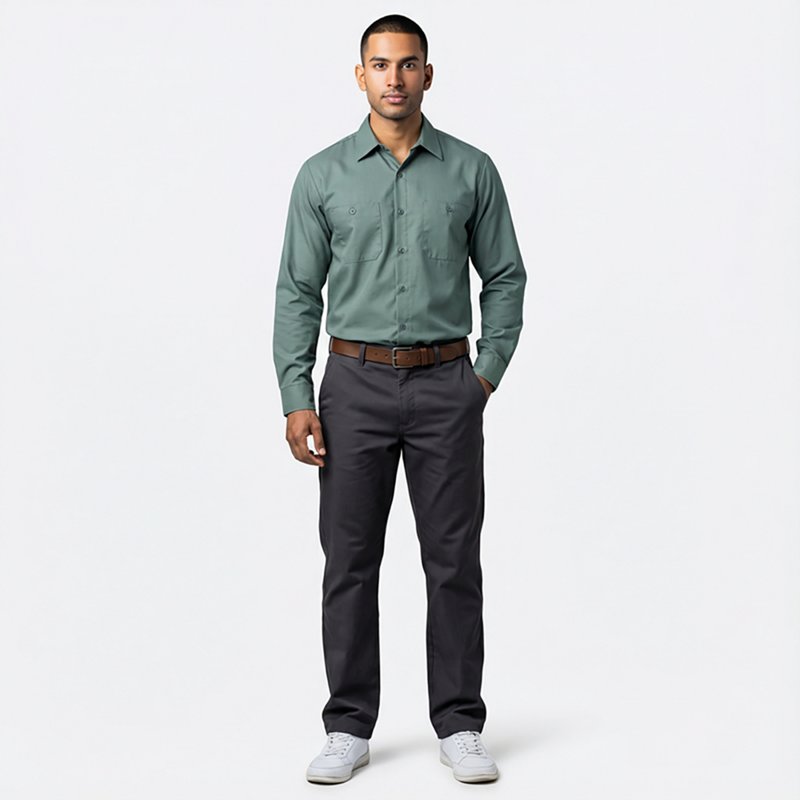 Men's Long Sleeve Poplin Work Shirt, Cotton/Polyester, Button Fronts, 2 Pocket(s), Light Green, M