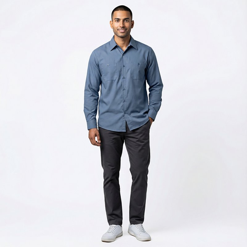 Men's Long Sleeve Poplin Work Shirt, Cotton/Polyester, Button Fronts, 2 Pocket(s), Post Blue, 2XL