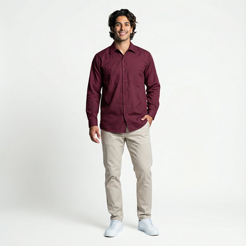 Men's Long Sleeve Industrial Work Shirt, Cotton/Polyester, Button Fronts, 2 Pocket(s), Burgundy