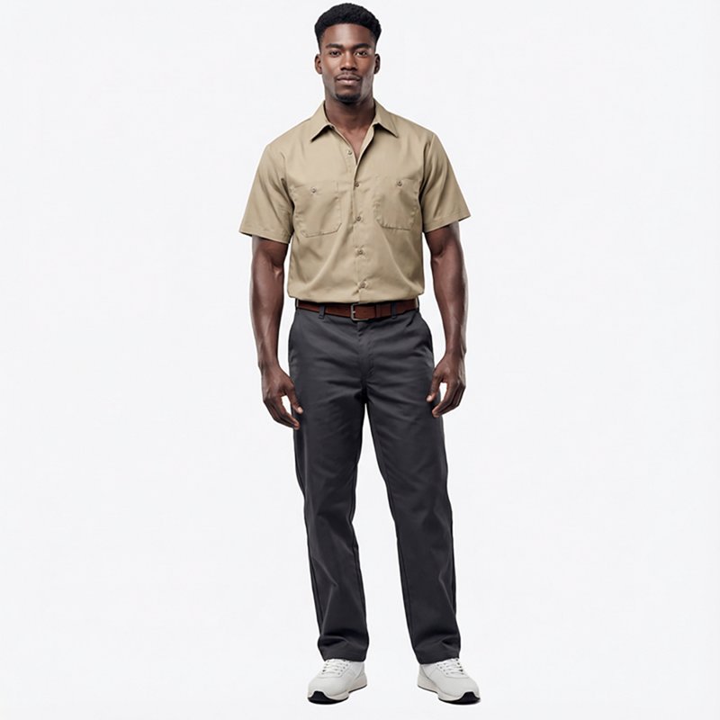 Men's Short Sleeve Poplin Work Shirt, Cotton/Polyester, Button Fronts, 2 Pocket(s), Khaki, 4XL