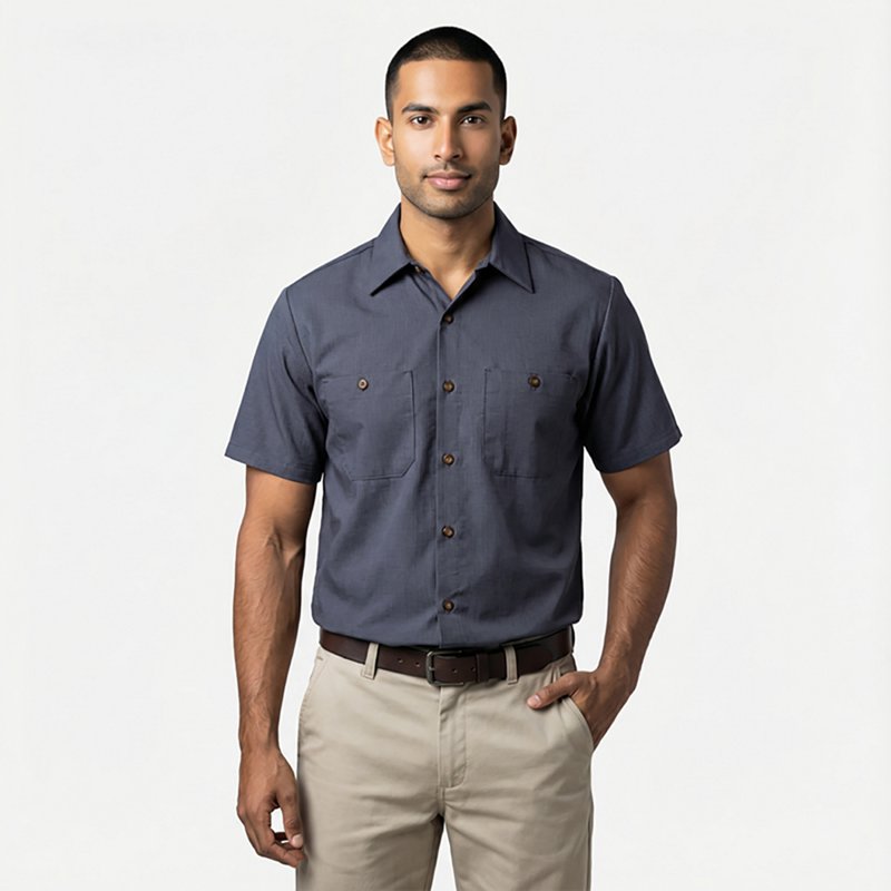 Short Sleeve Microcheck Work Shirt, 65% Polyester/35% Cotton, Button Fronts, Gray/Blue, 3XL