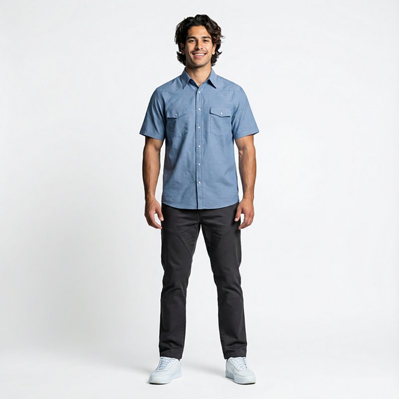 Men's Short Sleeve Western Shirt, Cotton/Polyester, Button Fronts, 2 Pocket(s), Light Blue, 2XL
