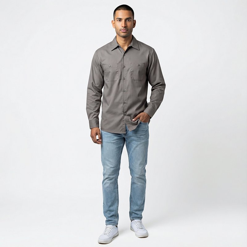 Men's Long Sleeve Work Shirt, Cotton, Button Fronts, 2 Pocket(s), Gray, 3XL