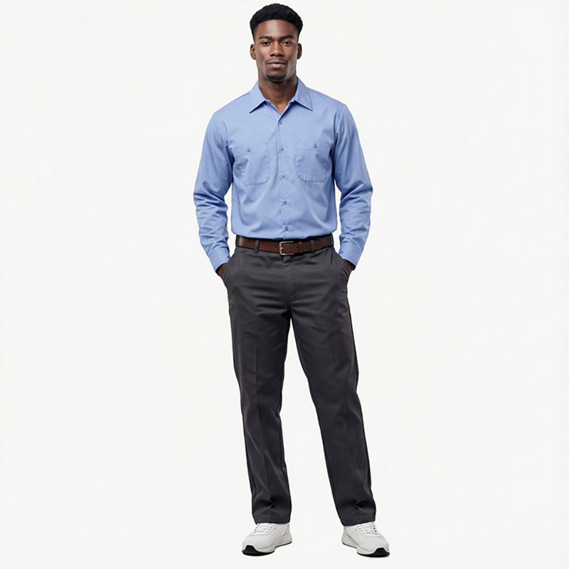 Men's Long Sleeve Work Shirt, Cotton, Button Fronts, 2 Pocket(s), Light Blue, M