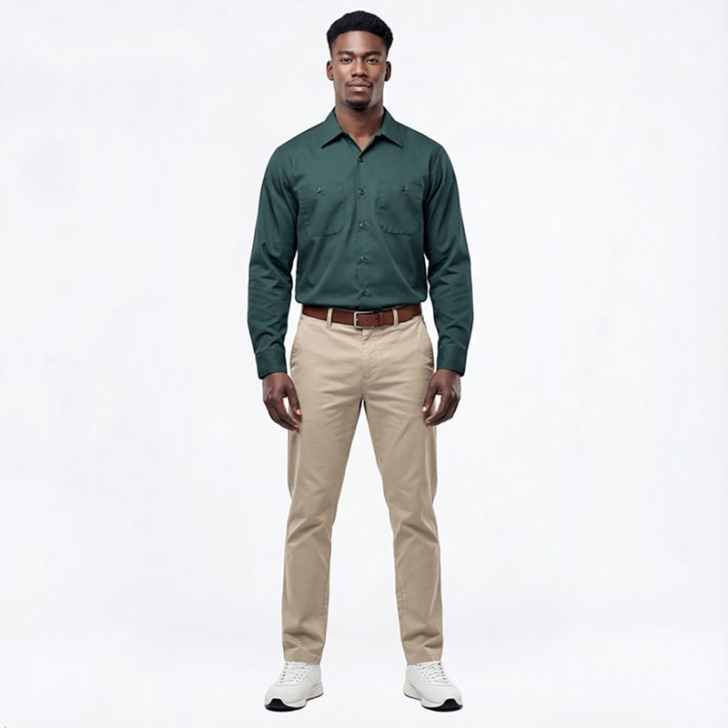 Men's Long Sleeve Work Shirt, Cotton, Button Fronts, 2 Pocket(s), Green, M