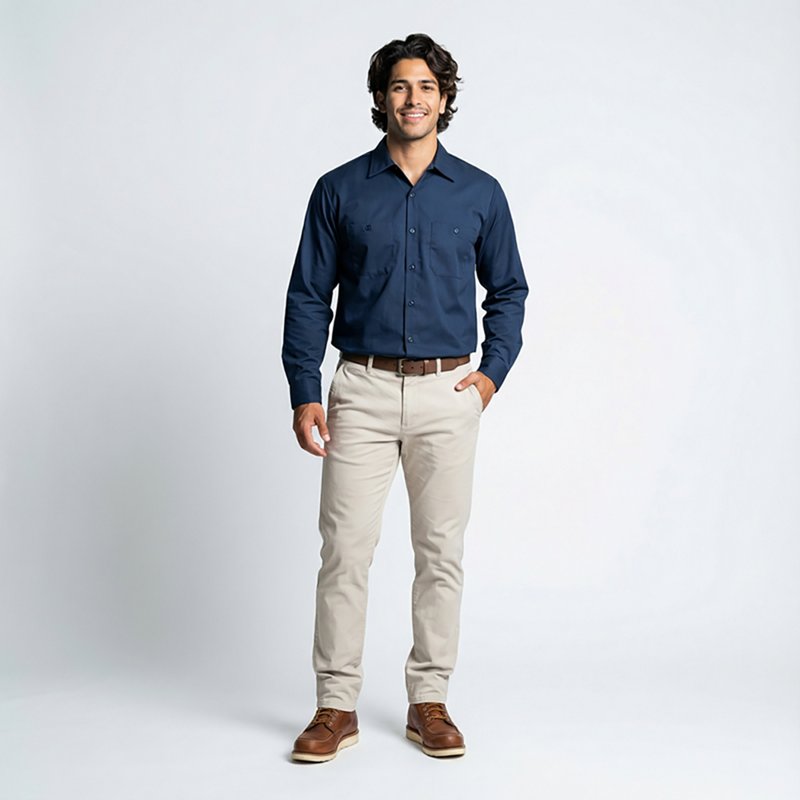 Men's Long Sleeve Work Shirt, Cotton, Button Fronts, 2 Pocket(s), Navy, M