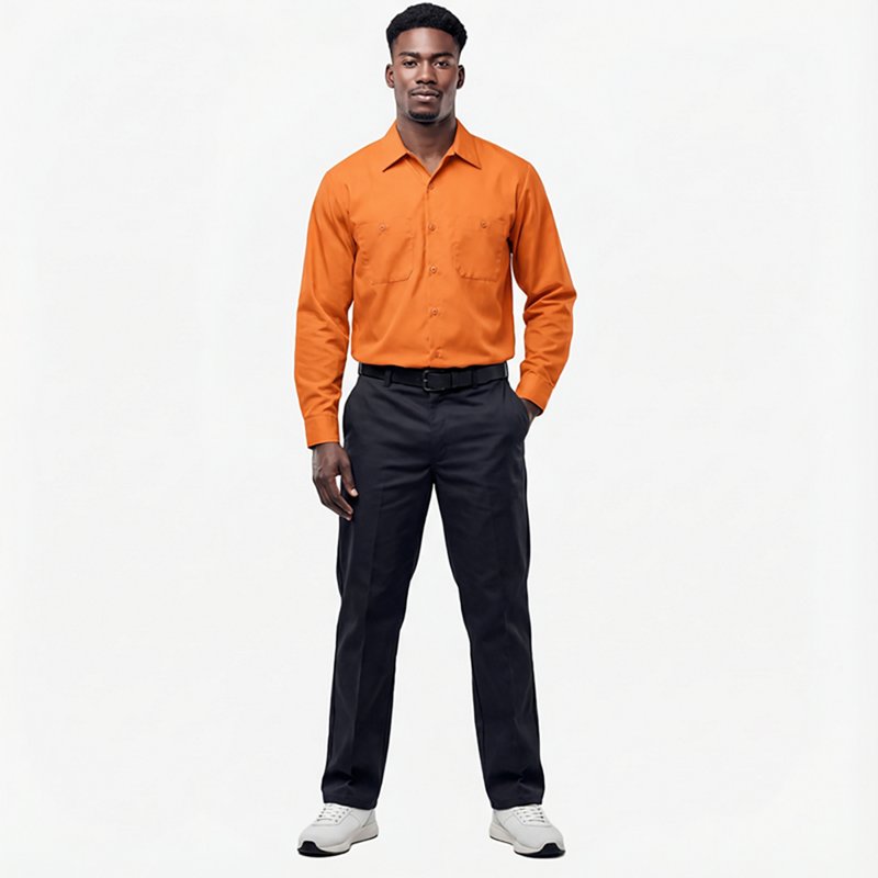 Men's Long Sleeve Work Shirt, Cotton, Button Fronts, 2 Pocket(s), Orange, 2XL