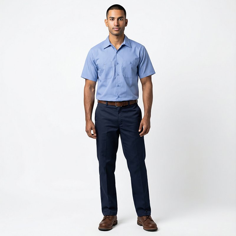 Men's Short Sleeve Work Shirt, Cotton, Button Fronts, 2 Pocket(s), Light Blue, 2XL