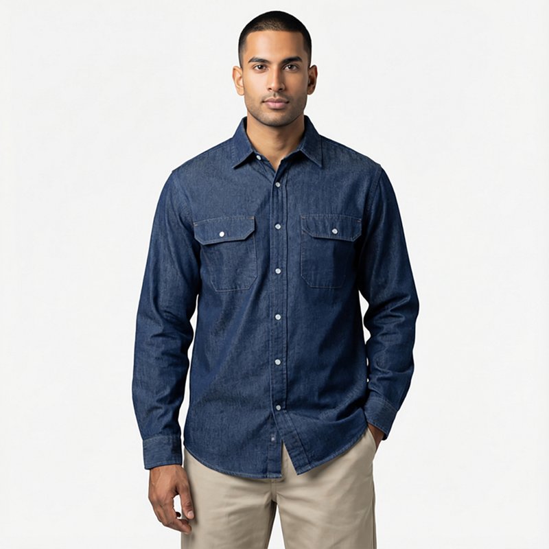 Men's Long Sleeve Denim Work Shirt, Cotton, Button Fronts, 2 Pocket(s), Dark Navy, M