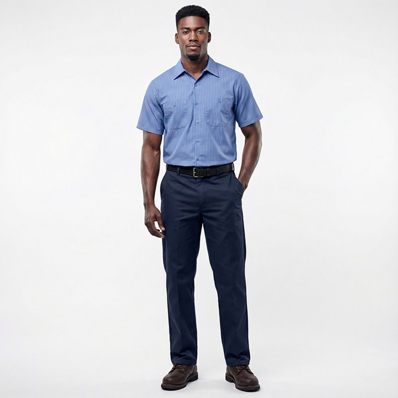 Men's Short Sleeve Work Shirt, 65% Polyester / 35% Cotton, Button Front, Blue, M