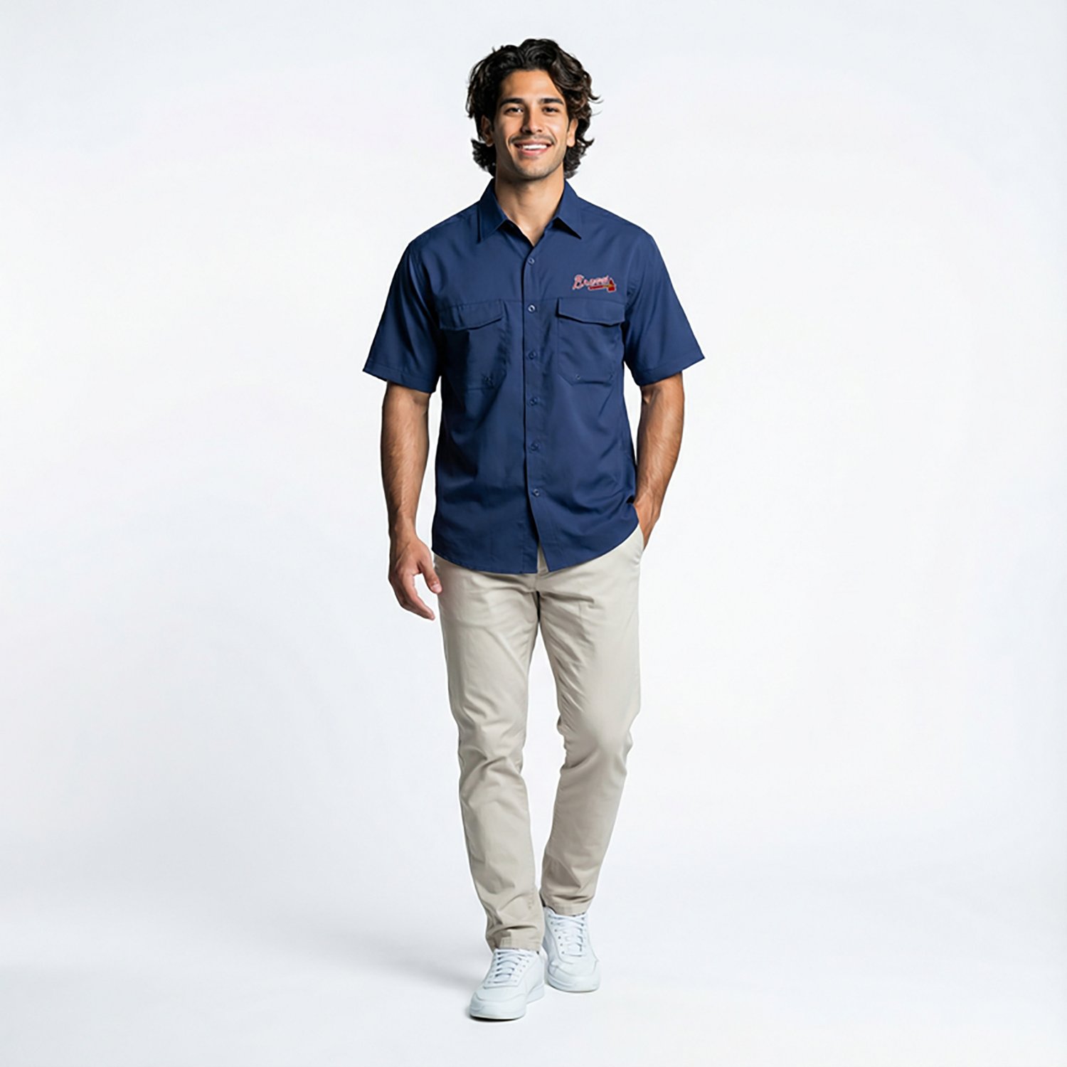 Antigua Men's Atlanta Braves Game Day Woven Fishing Shirt