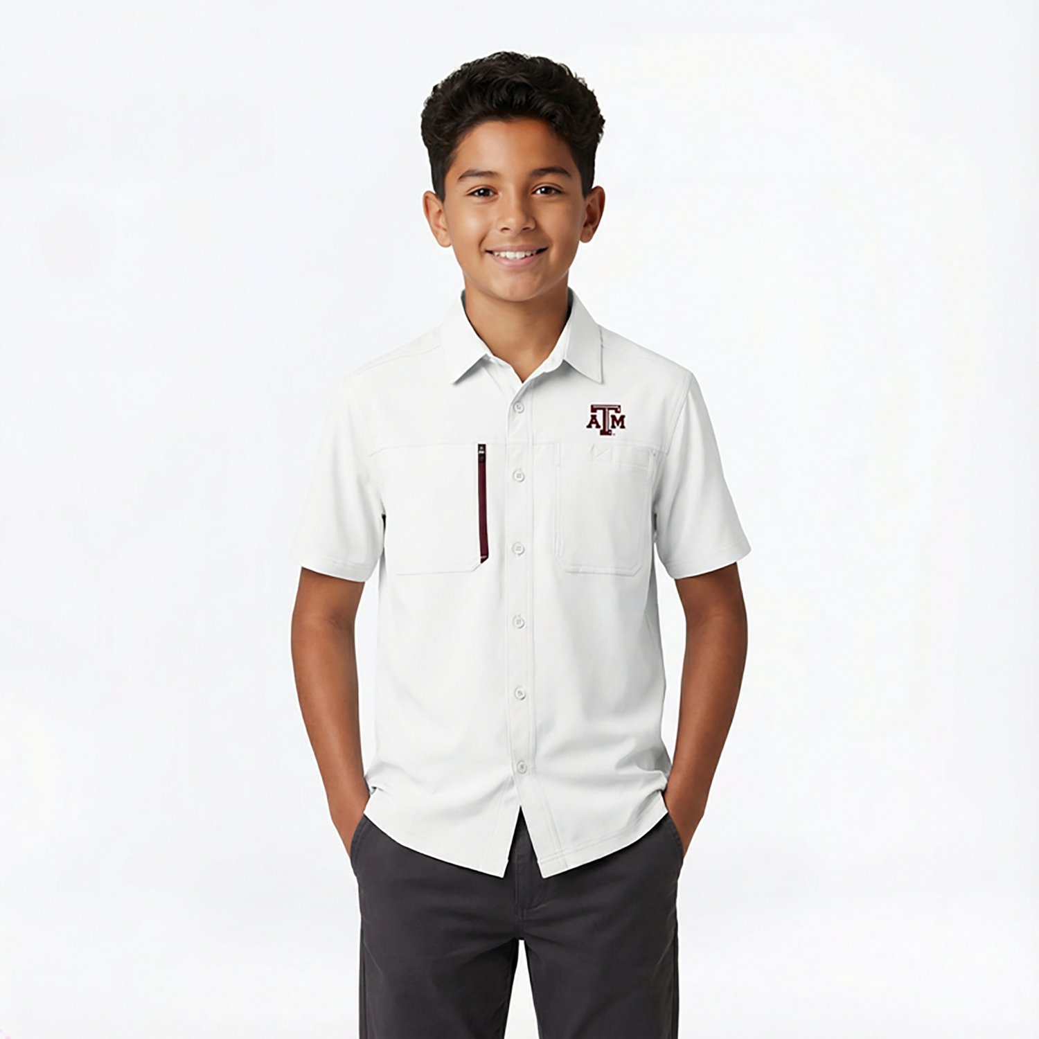 Antigua Men's Texas A&M University Kickoff Woven Short Sleeve Fishing Shirt - view number 3