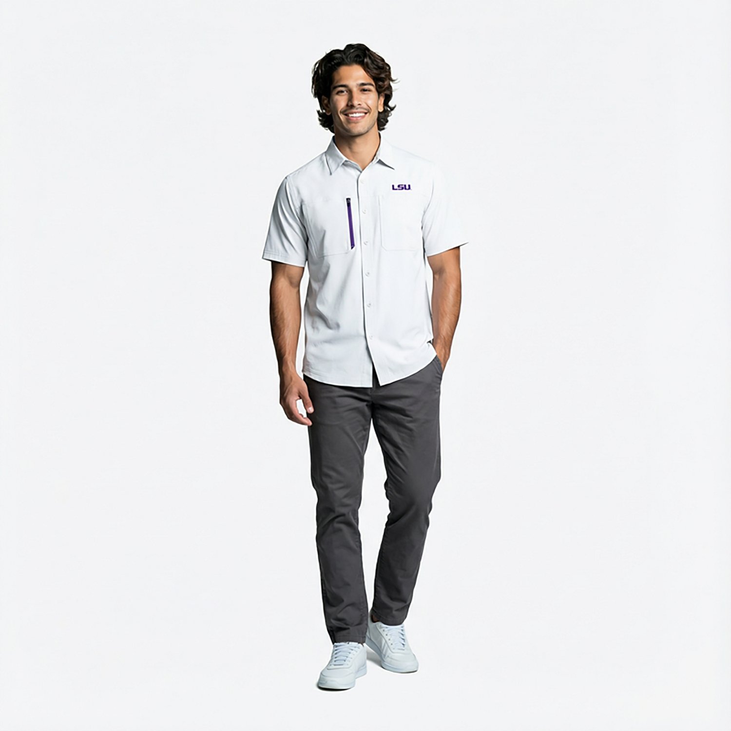 Antigua Men's Louisiana State University Kickoff Woven Short Sleeve Fishing Shirt - view number 2