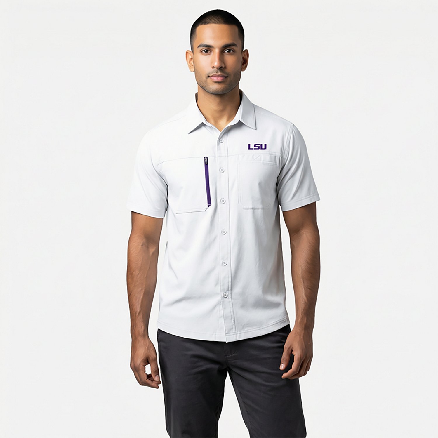Antigua Men's Louisiana State University Kickoff Woven Short Sleeve Fishing Shirt - view number 3