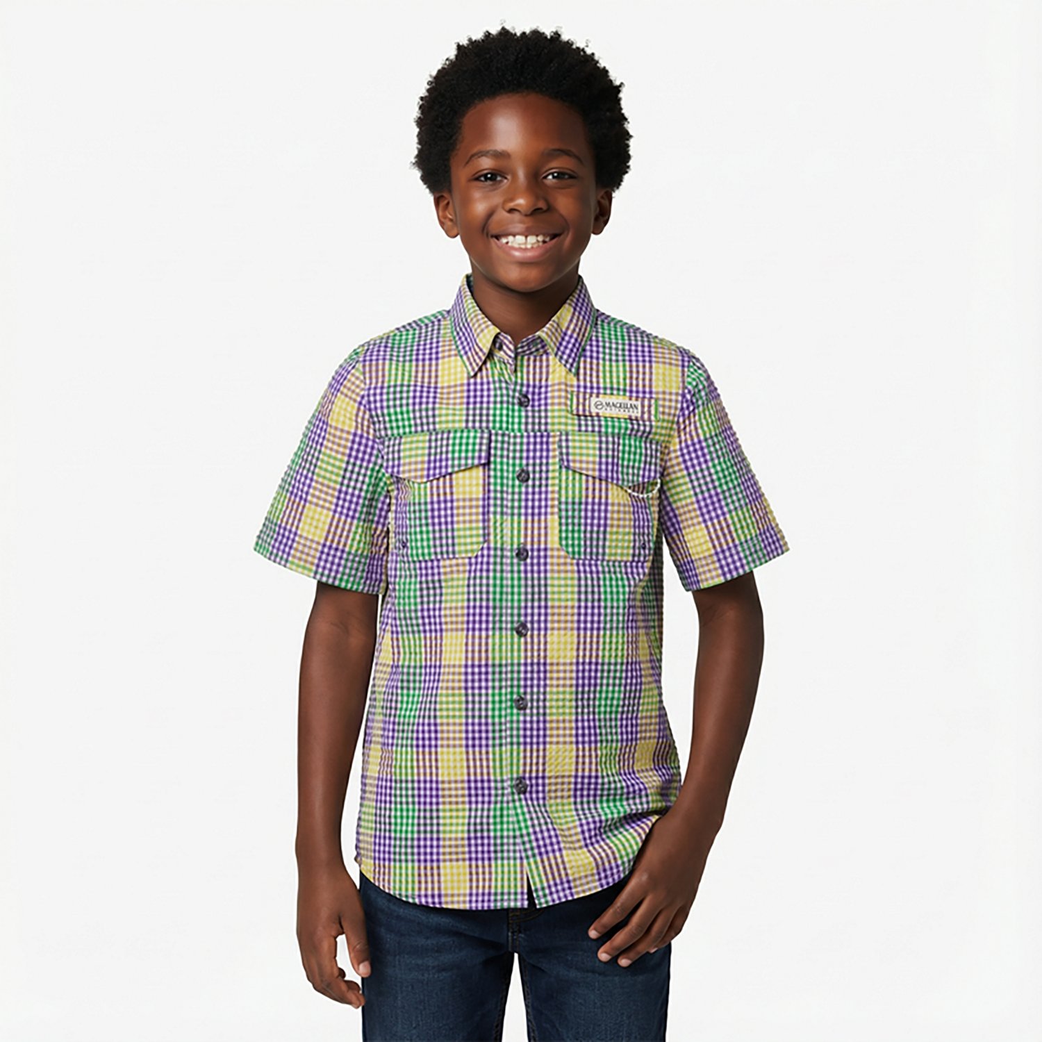 Magellan Outdoors Boys' Mardi Gras Seersucker Gingham Short Sleeve Button-Down Shirt                                             - view number 2