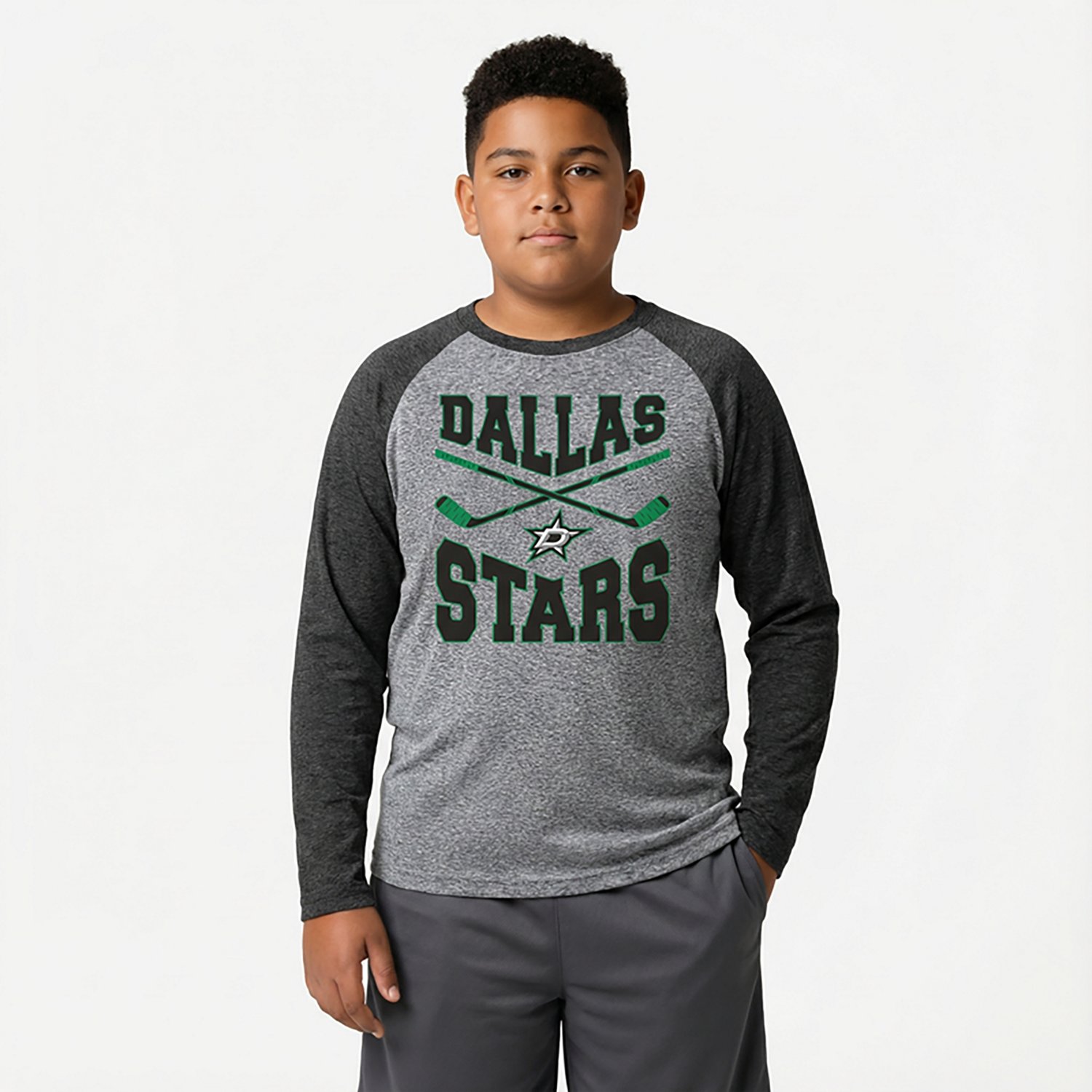 Outerstuff Boys' Dallas Stars Cross Stick Tri-Blend Raglan Long Sleeve Graphic T-shirt - view number 2