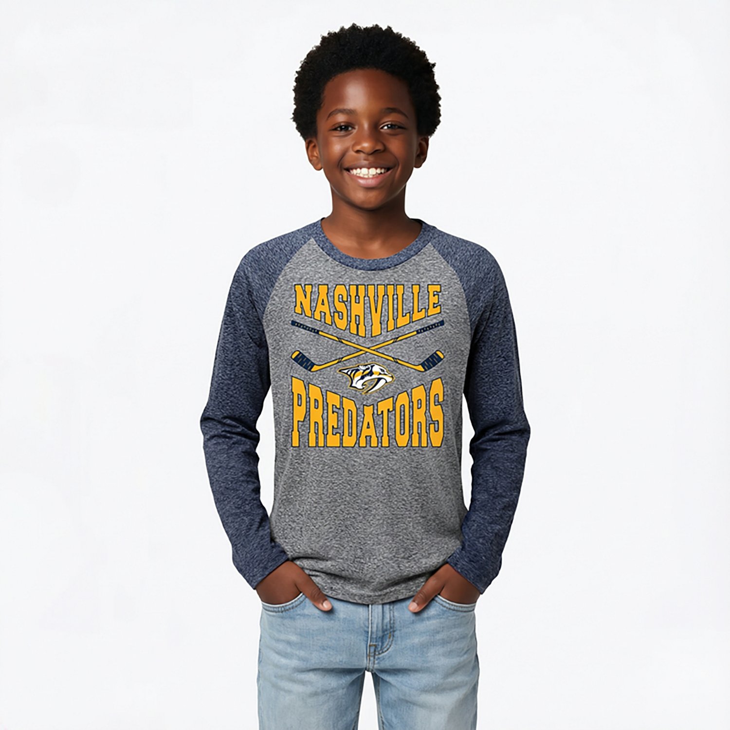 Outerstuff Boys' Nashville Predators Cross Stick Tri-Blend Raglan Long Sleeve Graphic T-shirt - view number 2