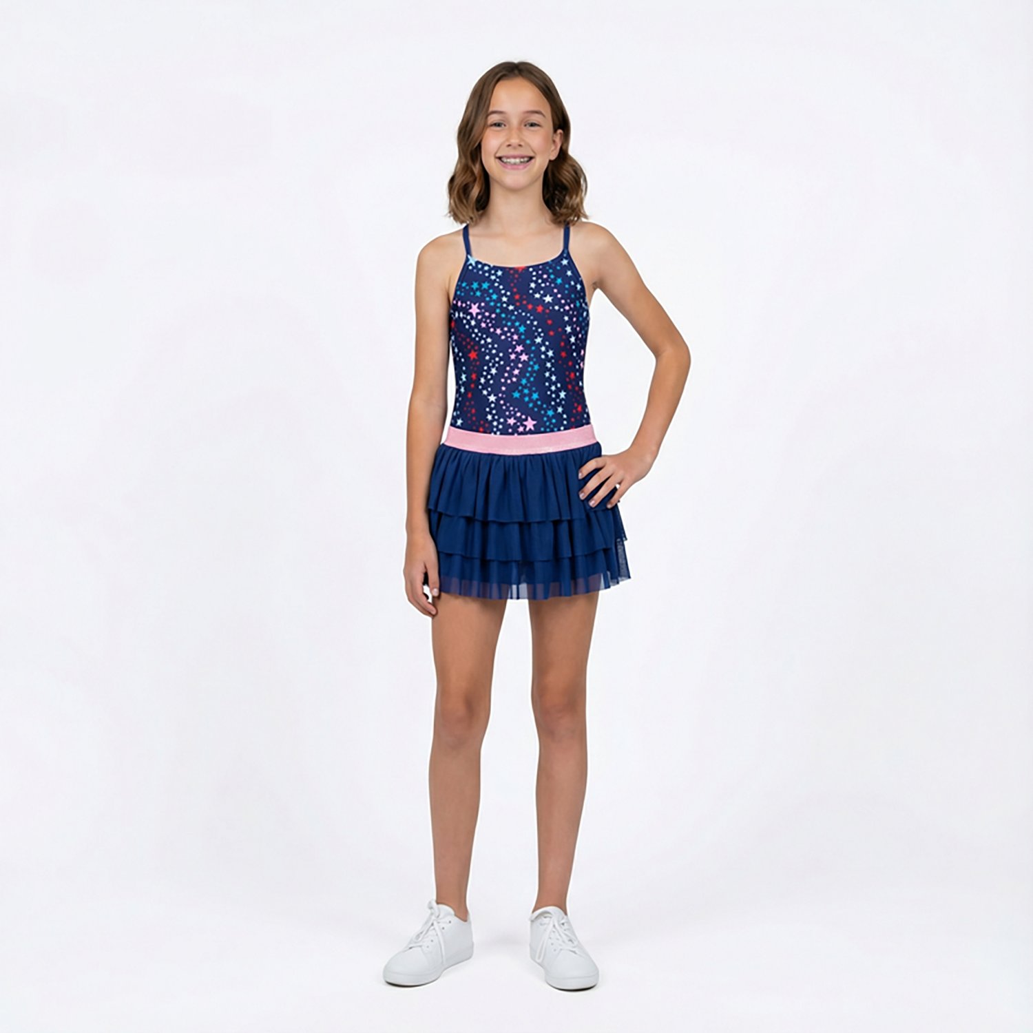 O'Rageous Girls' 4-7 Star Swirl Cross Back 1-Piece Swimsuit with Ruffle Tiered Skirt