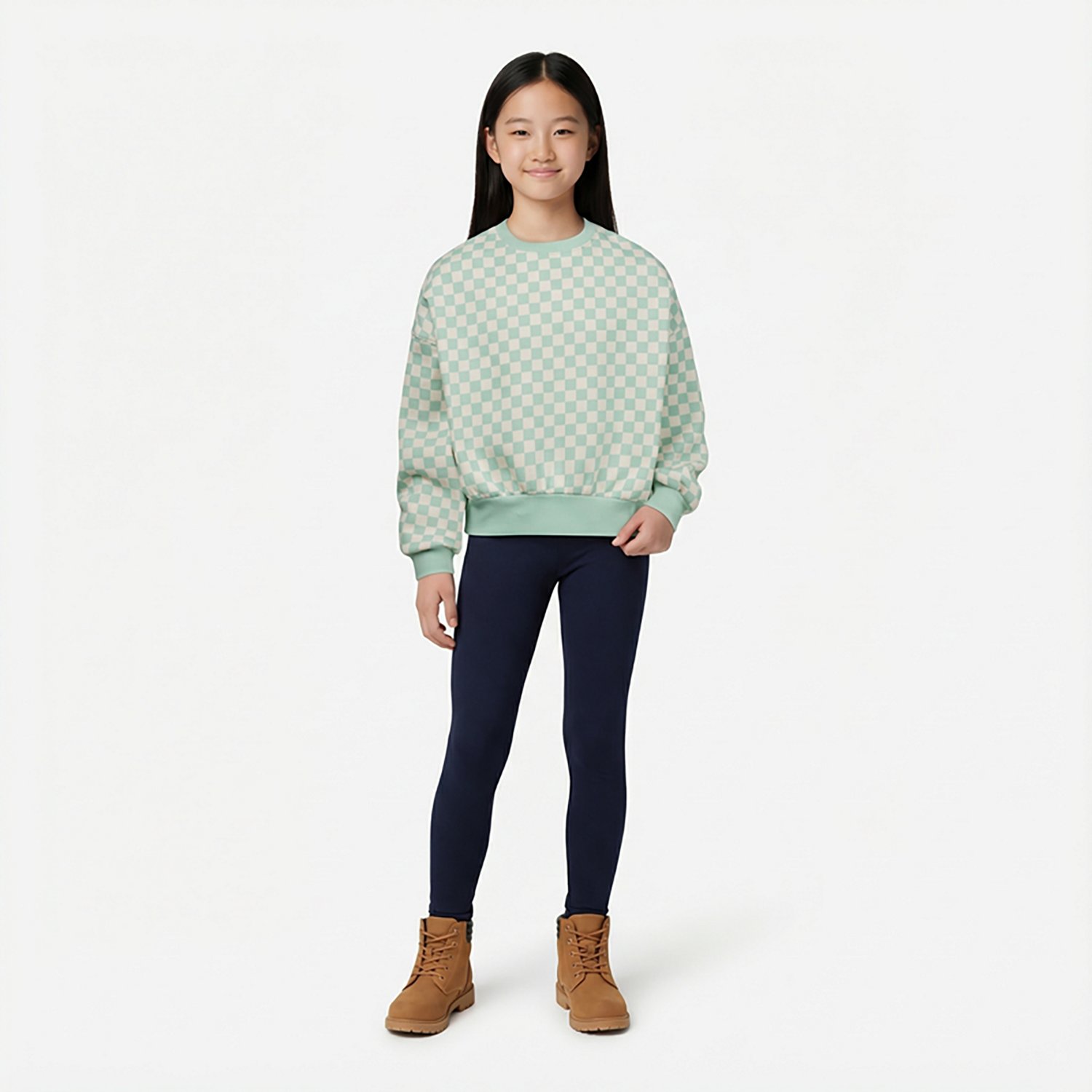 BCG Girls' Cotton Fleece Check Cropped Crew