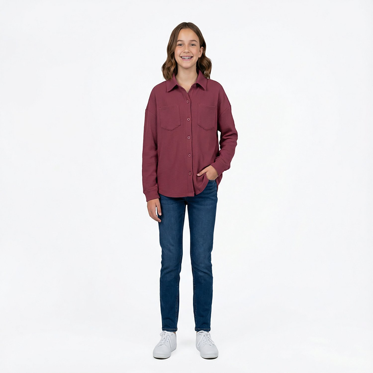 Magellan Outdoors Girls' Campfire Waffle Long Sleeve Button Down Shirt