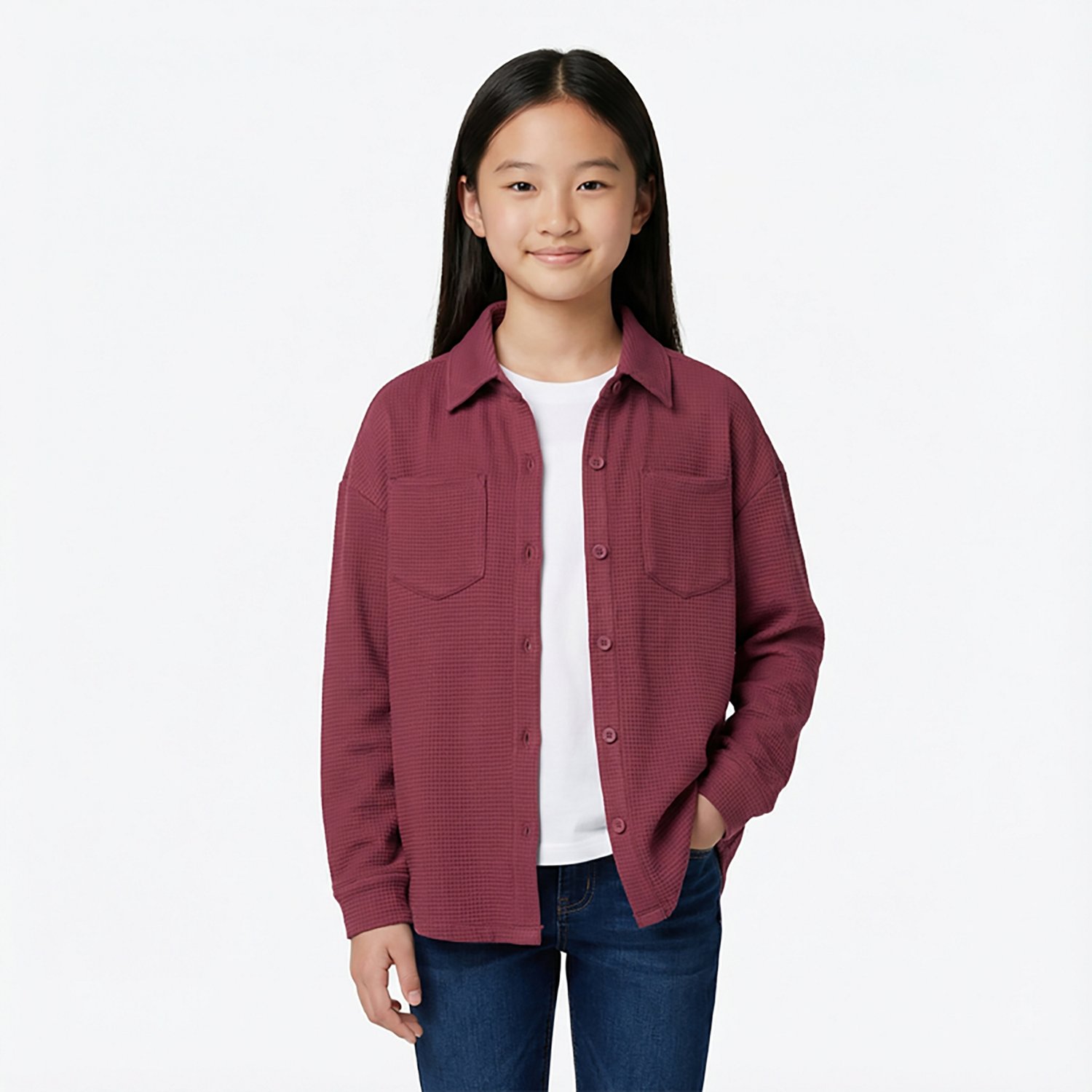 Magellan Outdoors Girls' Campfire Waffle Long Sleeve Button Down Shirt