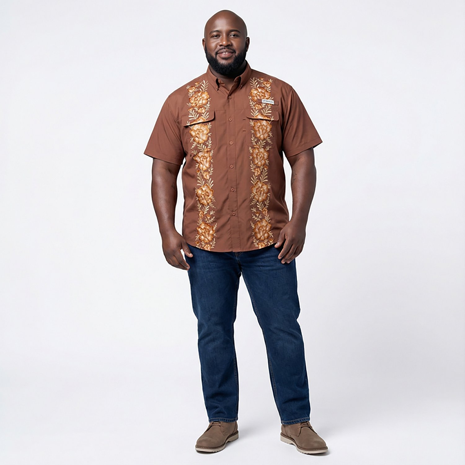 Magellan Outdoors Men's Hispanic Heritage Flores Marron Guayabera Shirt