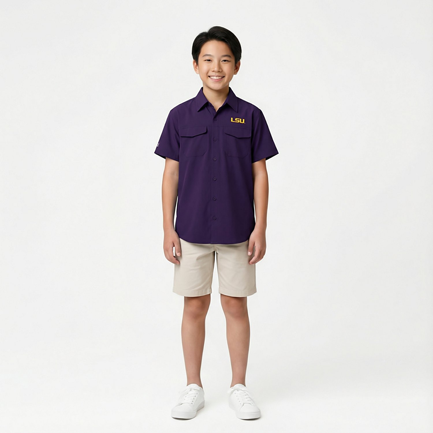 Antigua Boys' LSU Tigers Game Day Short Sleeve Fishing Shirt