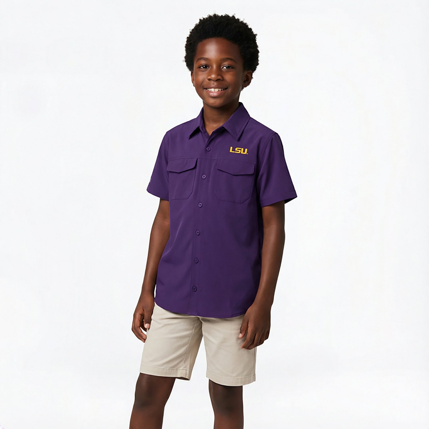 Antigua Boys' LSU Tigers Game Day Short Sleeve Fishing Shirt - view number 2