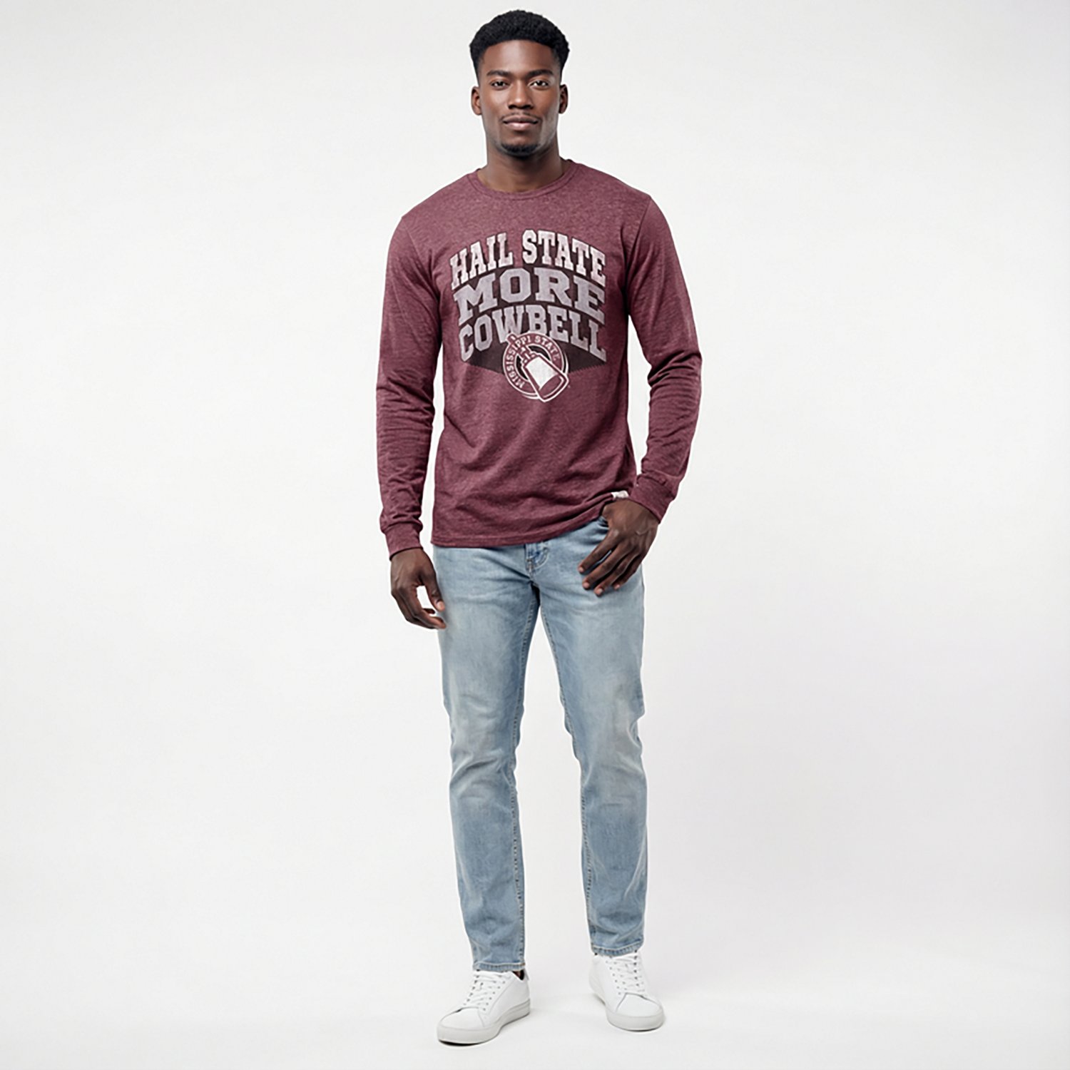 Retro Brand Men's Mississippi State University School Arch Cowbell Long Sleeve Graphic T-shirt