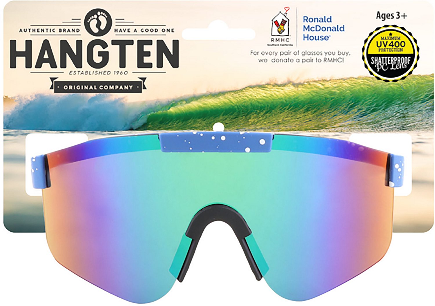 Hang Ten Boy's Shield in Blue Frame and White Splatter Sunglasses