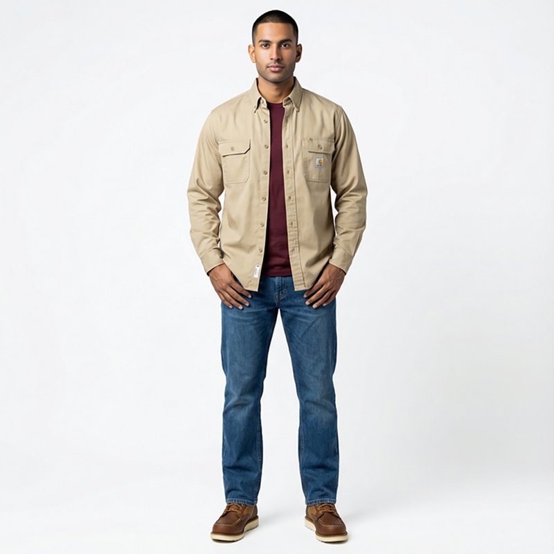 Carhartt Flame-Resistant Long-Sleeve Twill Shirt with Pocket Flaps for Men - Khaki