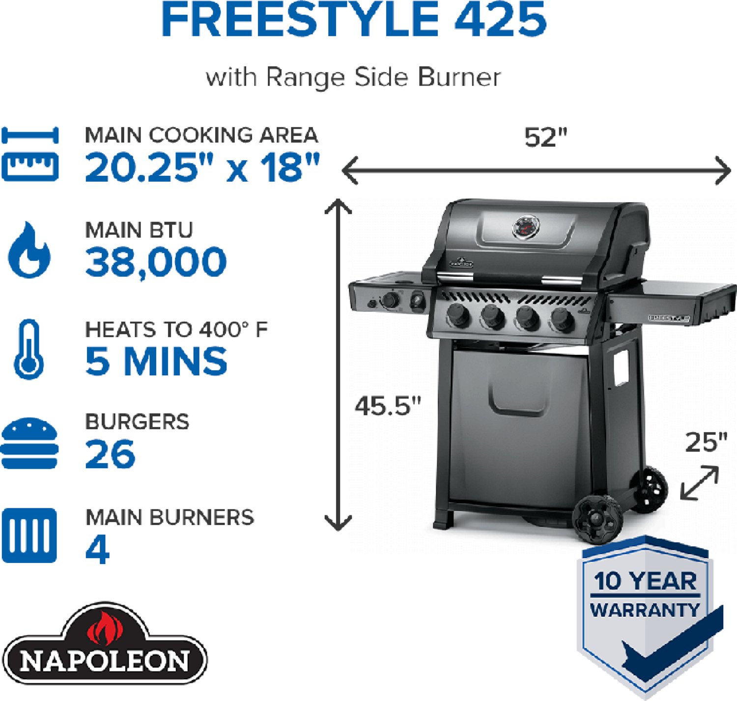 Napoleon Freestyle 425 4-Burner Propane Gas Grill with Range Side Burner