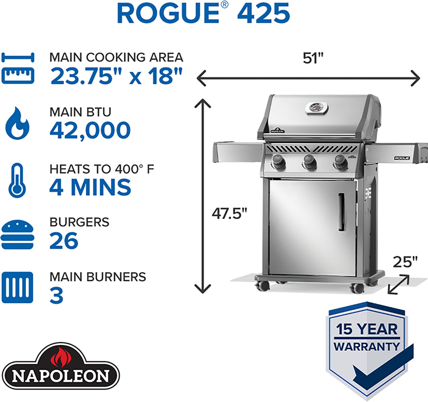 Napoleon Rogue 425 3-Burner Natural Gas Grill - view number 4