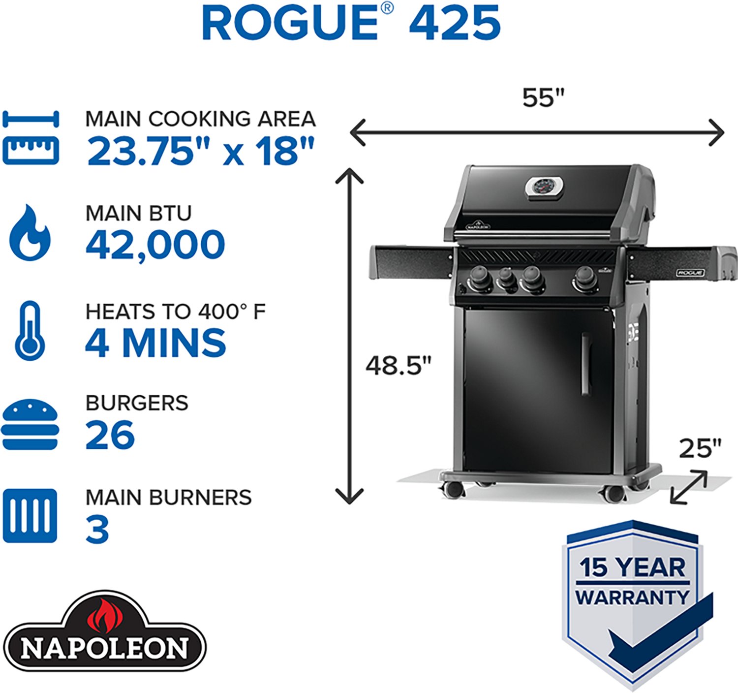 Napoleon Rogue 425 3-Burner Natural Gas Grill with Range Side Burner - view number 5