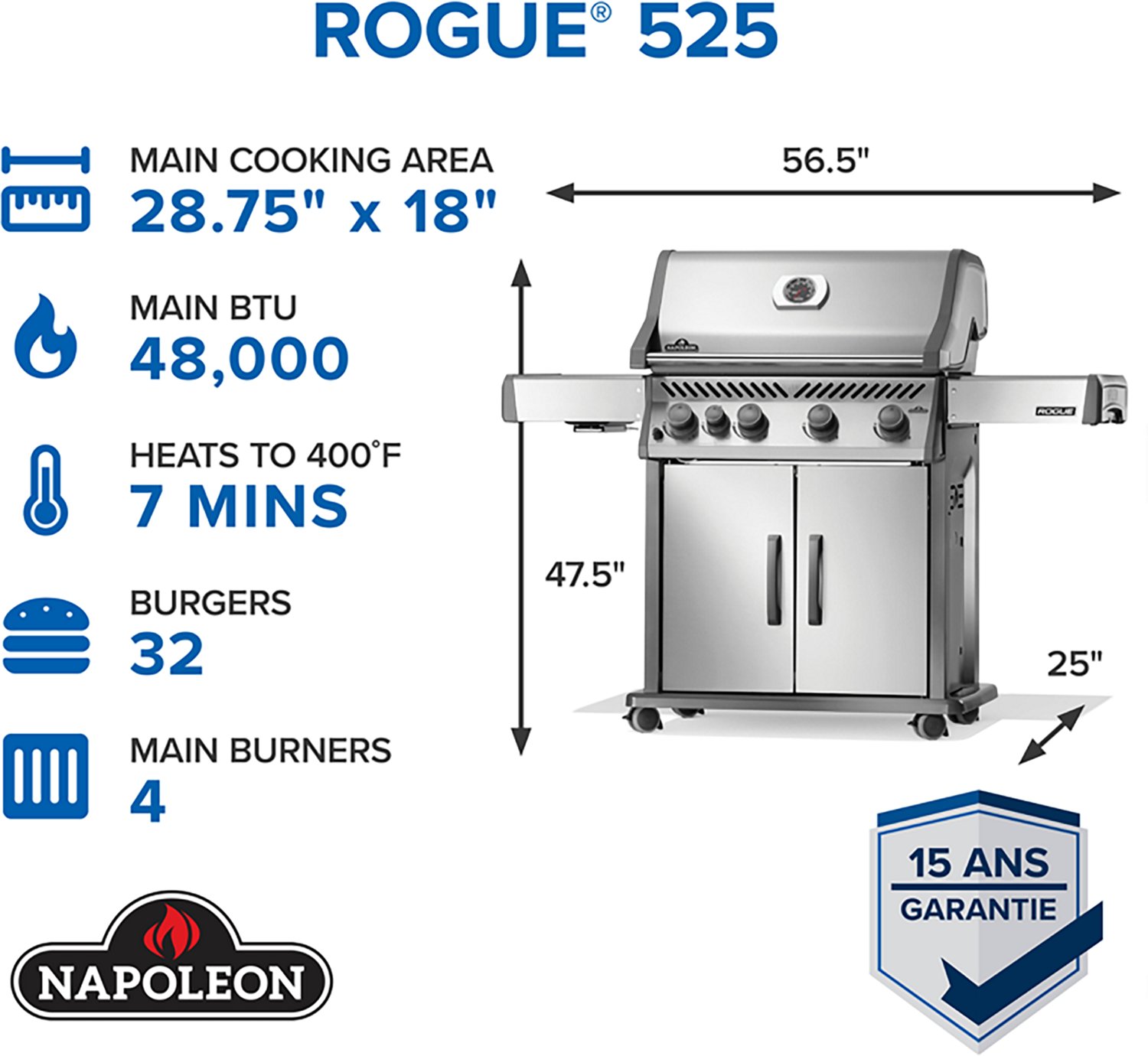 Napoleon Rogue 525 4-Burner SS Natural Gas Grill with Range Side Burner - view number 5