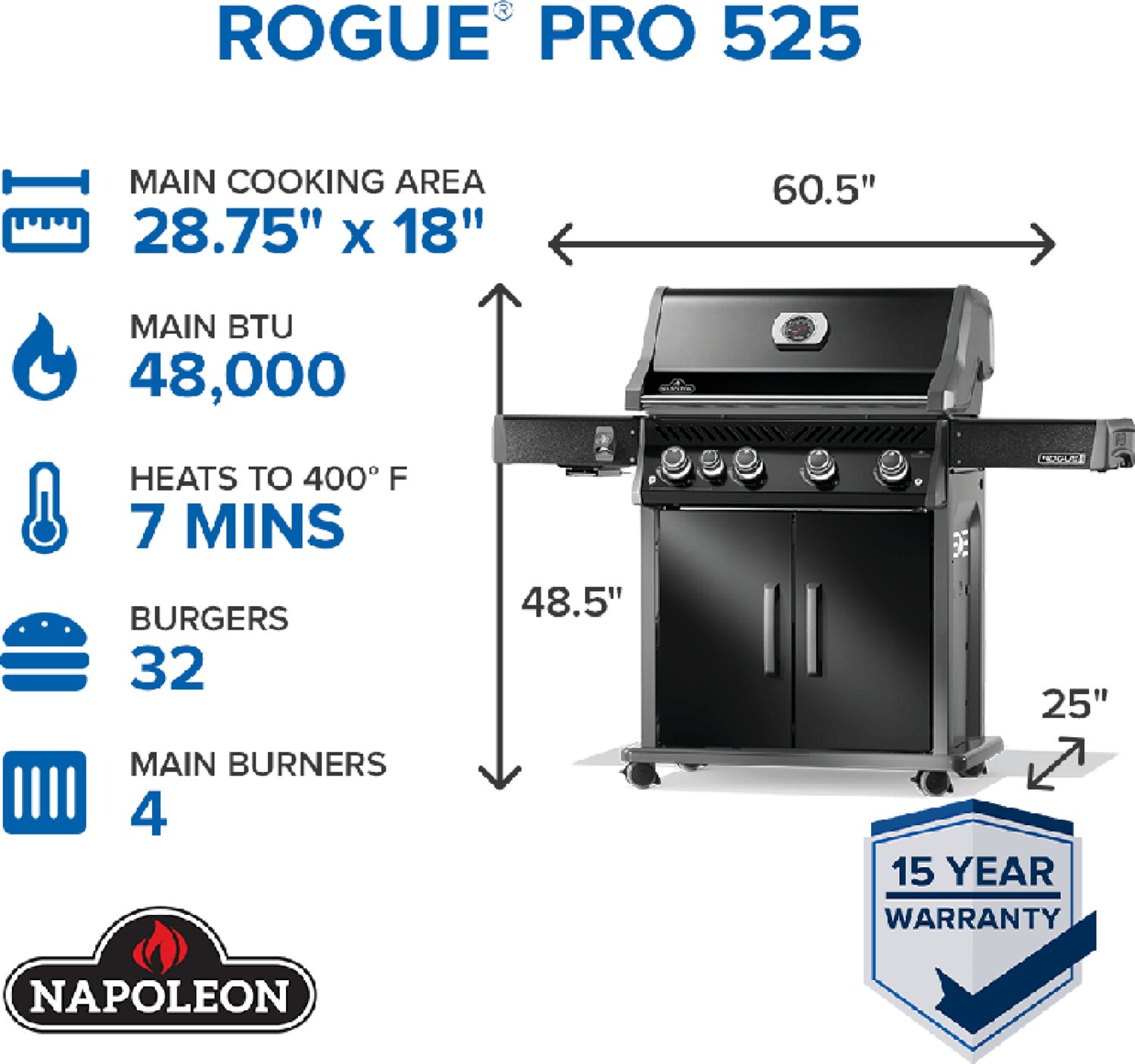 Napoleon Rogue PRO 525 4-Burner Propane Gas Grill with Infrared Side Burner - view number 5